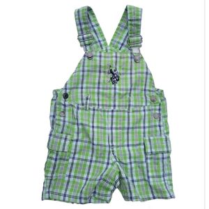 U.S. POLO ASSN. lime green plaid short overalls